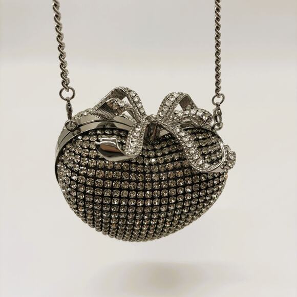 Self Portrait Silver Crystal Bow Heart Evening Bag & Chain Strap - Picture 4 of 12